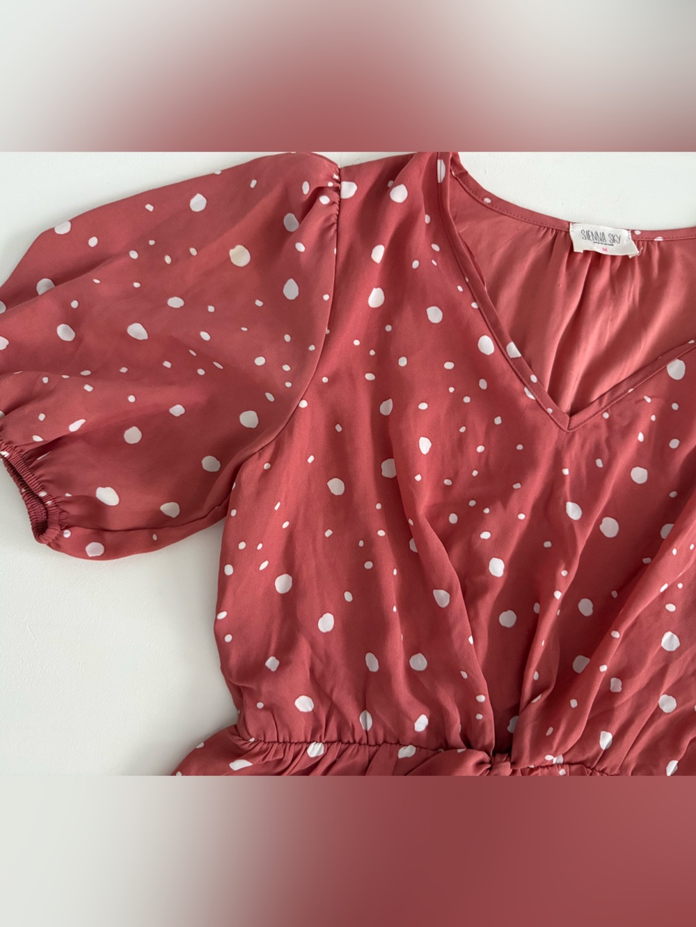 Sienna Sky Deep Blush & White Polka Dot Tie Waist Mini Dress / Puff Sleeve / - Picture 6 of 7